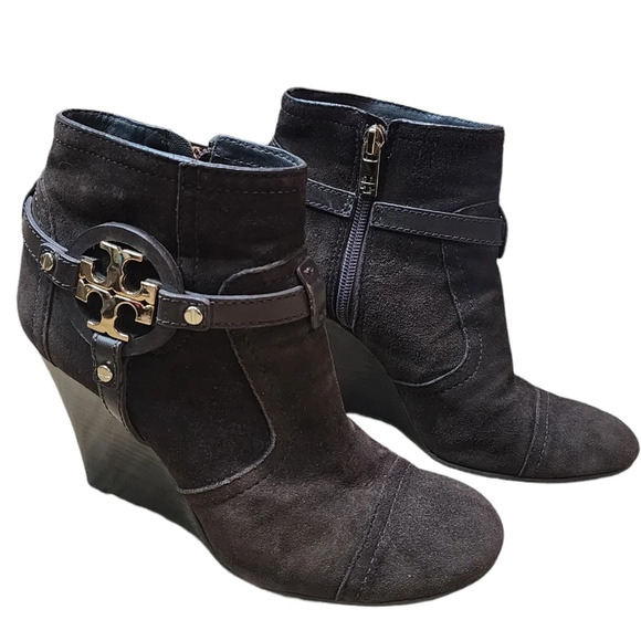 Tory Burch Shoes - Tory Burch - Brown Suede "Aaden" Wedge Ankle Booties W/ Logo